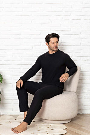 Erkek Bisiklet Yaka Düğmesiz Kışlık Waffle Pamuklu Kumaş Uzun Manşetli Kol Cepli Pijama Takımı 