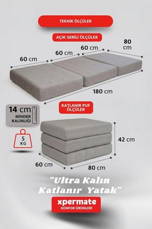 Ultra Kalın Katlanır Sünger Yatak Yer Yatağı Katlanır Yer Minderi Misafir Yatağı 80x180x14  Gri