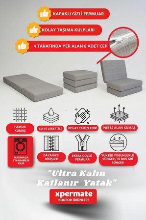 Ultra Kalın Katlanır Sünger Yatak Yer Yatağı Katlanır Yer Minderi Misafir Yatağı 80x180x14  Gri