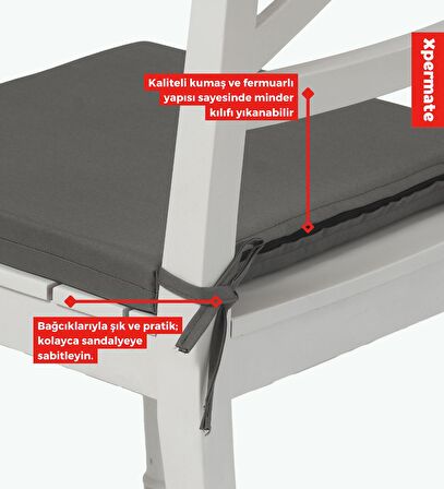 XPERMATE Fermuarlı Sandalye Minderi Su İtici Kumaş 40x40 cm Sünger Sandalye Minderi Bağcıklı Antrasit