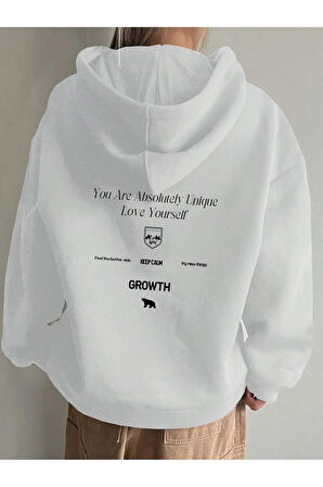 Kadın Beyaz Calm Growth Baskılı Oversize Kapüşonlu Sweatshirt