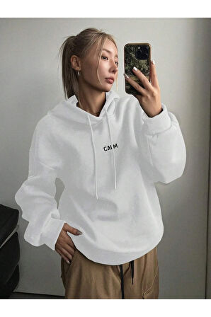 Kadın Beyaz Calm Growth Baskılı Oversize Kapüşonlu Sweatshirt