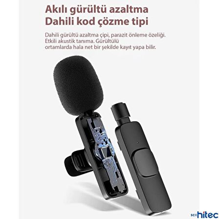 Global K9 Type-C Çift Kablosuz Wireless HD Yaka Mikrofonu Siyah WNE0203