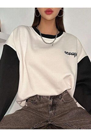 Kadın Beyaz Enough Baskılı Siyah Kol Detay Oversize Sweatshirt