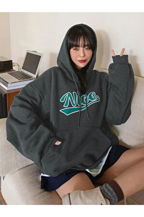 Kadın Füme Oversize Nice Baskılı Sweatshirt