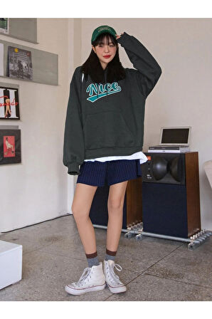 Kadın Füme Oversize Nice Baskılı Sweatshirt