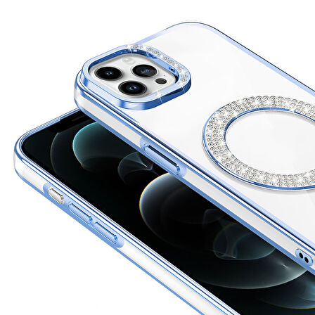 iPhone 12 Kılıf Pırlanta Taş Tasarımlı M-safe Şarj Özellikli Karetta Silikon Kapak