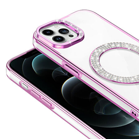 iPhone 12 Kılıf Pırlanta Taş Tasarımlı M-safe Şarj Özellikli Karetta Silikon Kapak