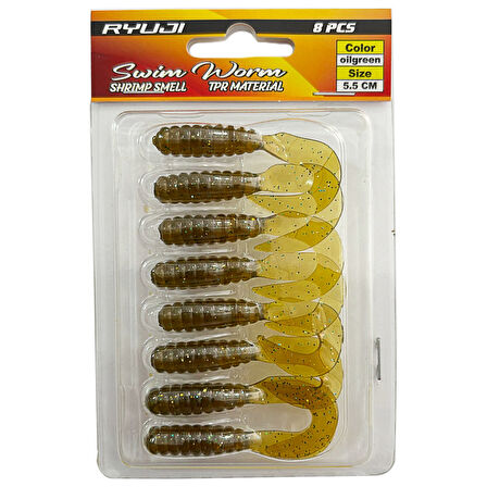 Ryuji Swim Worm 5.5cm 8 Adet LRF Silikon Yem Oil Green