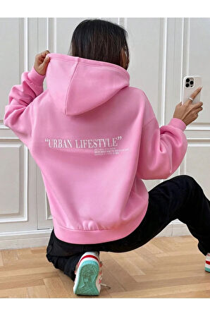 Kadın Pembe Urban Lifestyle Baskılı Oversize Kapüşonlu Sweatshirt