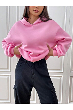 Kadın Pembe Urban Lifestyle Baskılı Oversize Kapüşonlu Sweatshirt