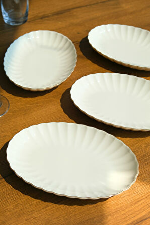 Kütahya Porselen Bone Luz Altın File Kayık Tabak 27x19cm BNLZF28KY20 4 lü