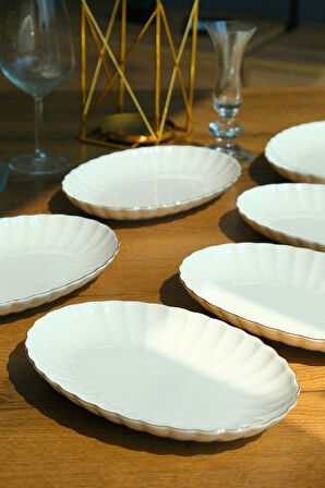 Kütahya Porselen Bone Luz Altın File Kayık Tabak 27x19cm BNLZF28KY20 6 lı