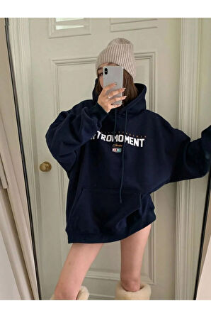 Kadın Lacivert Retromoment Baskılı Oversize Kapüşonlu Sweatshirt