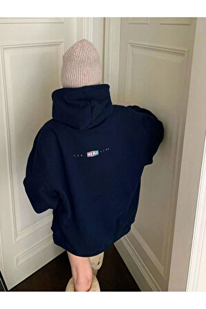 Kadın Lacivert Retromoment Baskılı Oversize Kapüşonlu Sweatshirt