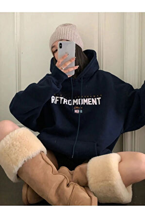 Kadın Lacivert Retromoment Baskılı Oversize Kapüşonlu Sweatshirt