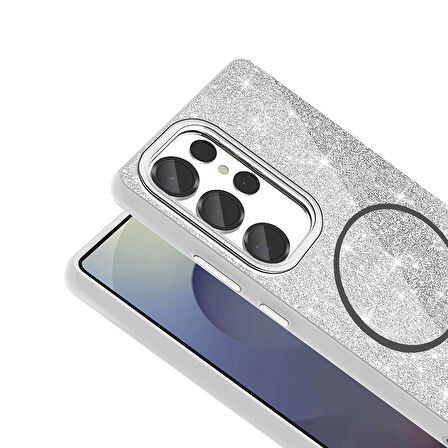 Galaxy S25 Ultra Kılıf Magsafe Şarj Özellikli Parlayan Simli Okso Kapak