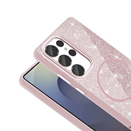 Galaxy S25 Ultra Kılıf Magsafe Şarj Özellikli Parlayan Simli Okso Kapak
