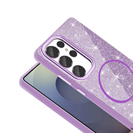 Galaxy S25 Ultra Kılıf Magsafe Şarj Özellikli Parlayan Simli Okso Kapak