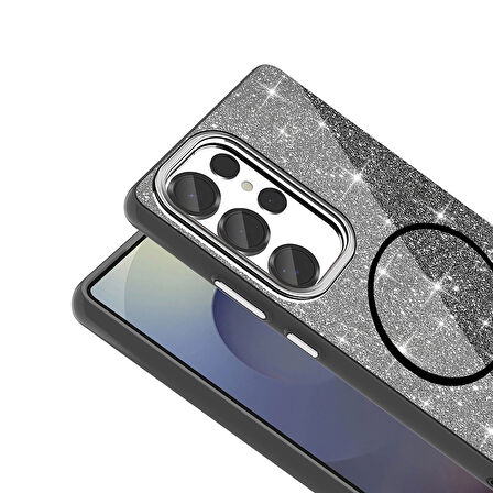 Galaxy S25 Ultra Kılıf Magsafe Şarj Özellikli Parlayan Simli Okso Kapak