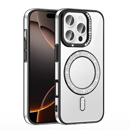 iPhone 16 Pro Kılıf Pırlanta Taş Tasarımlı M-safe Şarj Özellikli Karetta Silikon Kapak