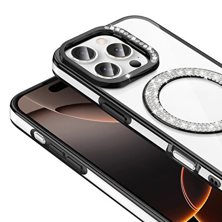 iPhone 16 Pro Kılıf Pırlanta Taş Tasarımlı M-safe Şarj Özellikli Karetta Silikon Kapak