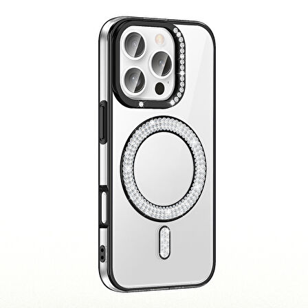 iPhone 16 Pro Kılıf Pırlanta Taş Tasarımlı M-safe Şarj Özellikli Karetta Silikon Kapak