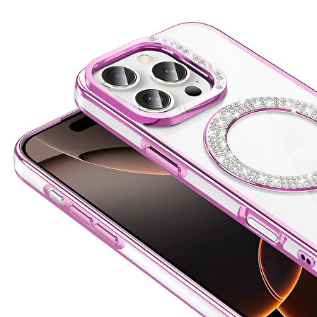 iPhone 16 Pro Kılıf Pırlanta Taş Tasarımlı M-safe Şarj Özellikli Karetta Silikon Kapak
