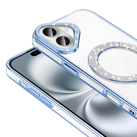 iPhone 16 Plus Kılıf Pırlanta Taş Tasarımlı M-safe Şarj Özellikli Karetta Silikon Kapak