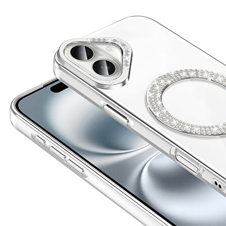 iPhone 16 Plus Kılıf Pırlanta Taş Tasarımlı M-safe Şarj Özellikli Karetta Silikon Kapak