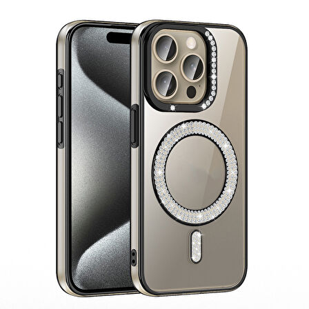 iPhone 15 Pro Max Kılıf Pırlanta Taş Tasarımlı M-safe Şarj Özellikli Karetta Silikon Kapak