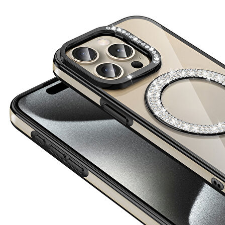 iPhone 15 Pro Max Kılıf Pırlanta Taş Tasarımlı M-safe Şarj Özellikli Karetta Silikon Kapak