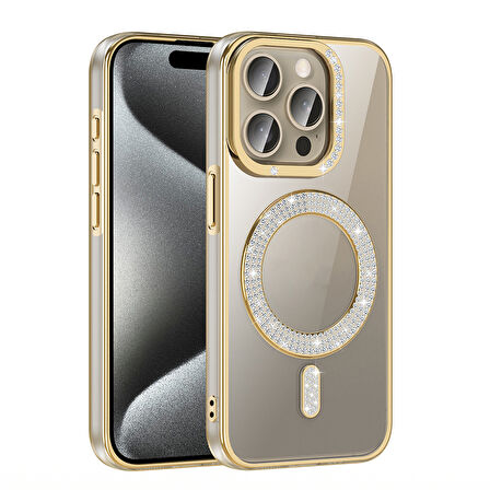 iPhone 15 Pro Max Kılıf Pırlanta Taş Tasarımlı M-safe Şarj Özellikli Karetta Silikon Kapak