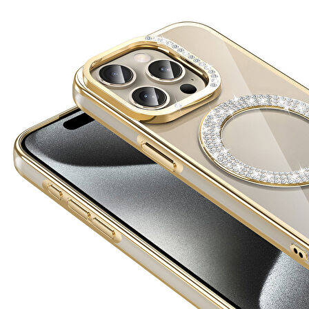iPhone 15 Pro Max Kılıf Pırlanta Taş Tasarımlı M-safe Şarj Özellikli Karetta Silikon Kapak