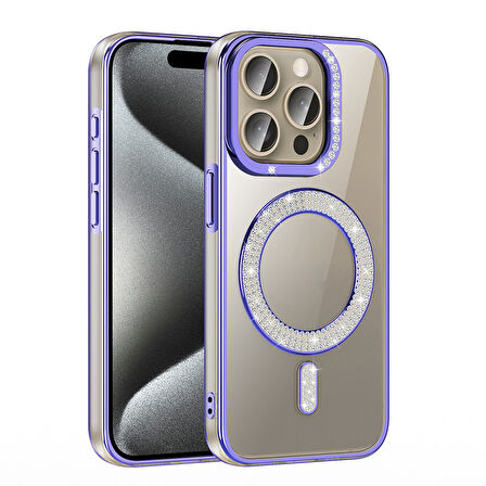 iPhone 15 Pro Max Kılıf Pırlanta Taş Tasarımlı M-safe Şarj Özellikli Karetta Silikon Kapak