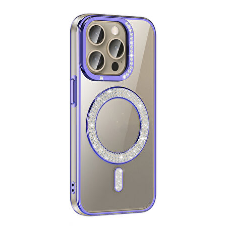 iPhone 15 Pro Max Kılıf Pırlanta Taş Tasarımlı M-safe Şarj Özellikli Karetta Silikon Kapak