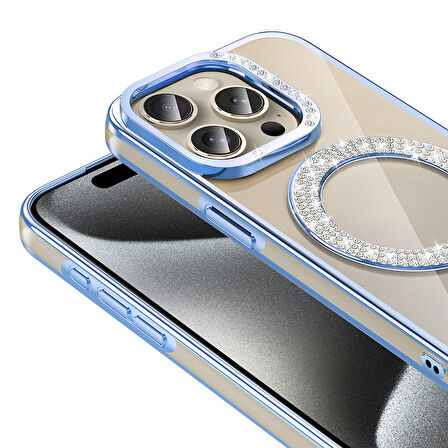 iPhone 15 Pro Kılıf Pırlanta Taş Tasarımlı M-safe Şarj Özellikli Karetta Silikon Kapak