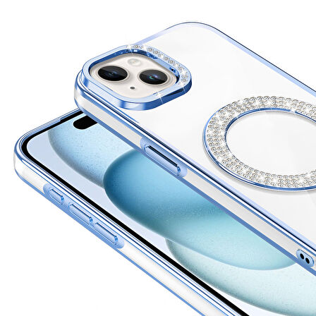 iPhone 15 Kılıf Pırlanta Taş Tasarımlı M-safe Şarj Özellikli Karetta Silikon Kapak
