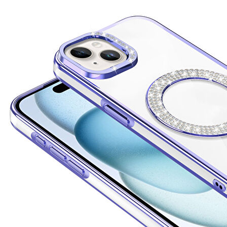 iPhone 15 Kılıf Pırlanta Taş Tasarımlı M-safe Şarj Özellikli Karetta Silikon Kapak