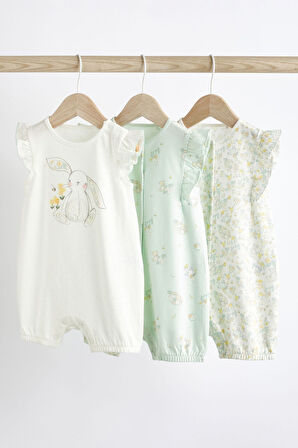 Next Baby % 100 Pamuklu Yeşil Beyaz Tavşan Desenli 3’lü Romper Set