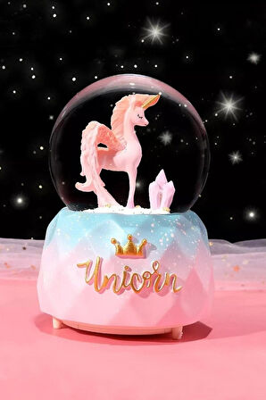 Unicorn Müzikli Püskürtmeli Kar Küresi Pembe Büyük Boy