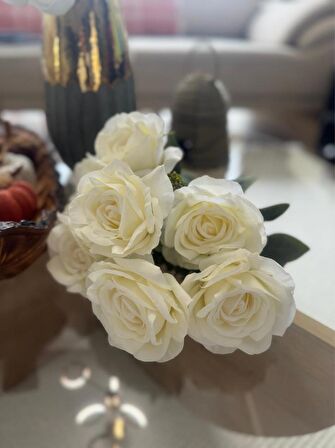 Yapay Çiçek 7li Gül Demeti 40*30cm 1.Kalite Büyükboy BEYAZ