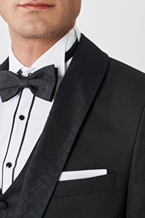 Erkek Siyah Ekstra Slim Fit Dar Kesim Kırlangıç Yaka Desenli Yelekli Smokin Takım