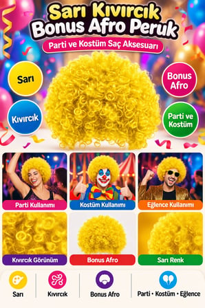 Sarı Kıvırcık Bonus Afro Peruk Saç Modeli Parti Kostüm Eğlence Aksesuarı