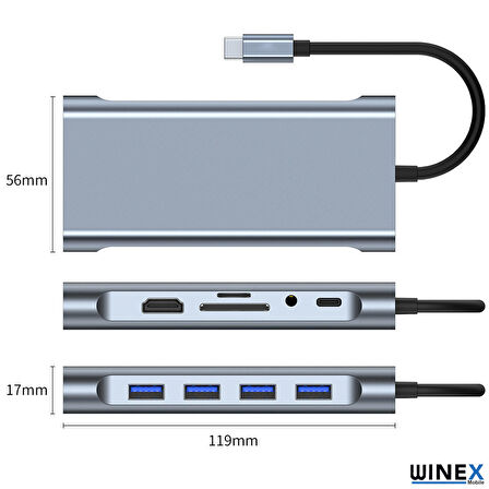 Global 11in1 Hub Type-C to 4K HDMI/UsbA 3.0/TF SD/VGA/3.5mm AUX/PD Şarj/RJ45 Ethernet Dönüştürücü Adaptör WNE0002