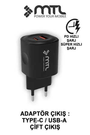25W PD + USB Çift Çıkışlı Adaptör ve Type-C Kablo Hızlı Şarj Seti MT1725
