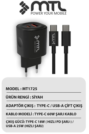 25W PD + USB Çift Çıkışlı Adaptör ve Type-C Kablo Hızlı Şarj Seti MT1725