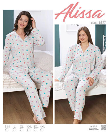 Alissa 6127 Kadın Gri Puanlı Uzun Kol Patlı Pijama Takımı