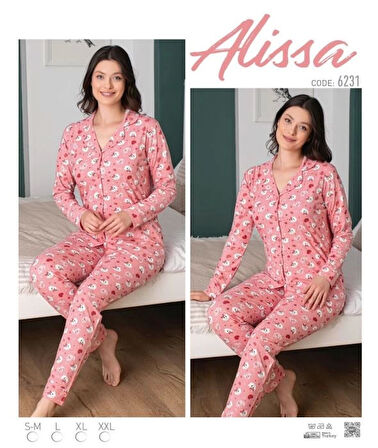 Alissa 6231 Bayan Önü Düğmeli Kedi Desenli Pijama Takımı