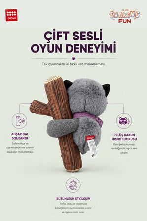 Shaking Fun Serisi Hışırtılı ve Sesli Rakun Peluş Köpek Oyuncağı – 2’si 1 Arada Eğlence - Küçük ve Orta Irklar İçin